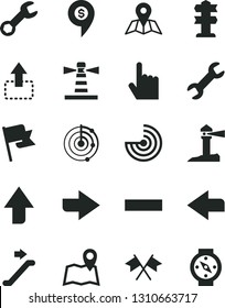 Solid Black Vector Icon Set - upward direction vector, right, left, minus, index finger, map, flag, move up, lighthouse, coastal, repair, radar, cross flags, dollar pin, escalator, signpost, compass