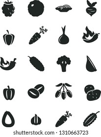 Solid Black Vector Icon Set - stick of sausage vector, slices onion, cabbage, cucumber, chili, garlic, carrot, coffee beans, blackberry, goji berry, Bell pepper, ripe, hot, potato, beet, broccoli