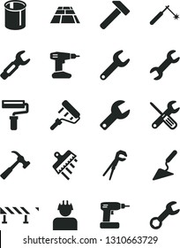 Solid Black Vector Icon Set - paint roller vector, repair key, building trowel, small tools, adjustable wrench, cordless drill, spatula, paving slab, road fence, hammer, with claw, builder, pipes