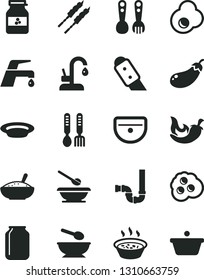 Solid Black Vector Icon Set - deep plate with a spoon vector, plates and spoons, plastic fork, iron, sink, siphon, knife, faucet mixer, kitchen, bowl of rice porridge, in saucepan, barbecue, chili