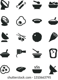 Solid Black Vector Icon Set - deep plate with a spoon vector, plates and spoons, noodles, bowl of buckwheat porridge, rice, hot, lettuce in, grill chicken leg, chop, meat on skewers, cabbage