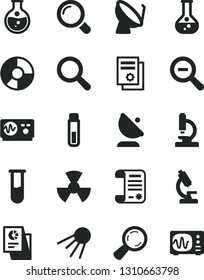 Solid Black Vector Icon Set - magnifier vector, zoom out, artificial satellite, round flask, radiation, dish, antenna, ring diagram, statistical research, article, scientific publication, test tube