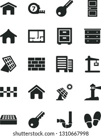 Solid Black Vector Icon Set - bedside table vector, chest of drawers, house, brickwork, long meashuring tape, siphon, lay out flat, key, interroom door, buildings, ceramic tiles, brick, home, sun