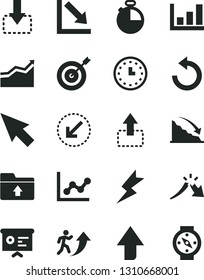 Solid Black Vector Icon Set - upward direction vector, counterclockwise, graph, negative chart, upload folder, lightning, left bottom arrow, timer, move up, down, recession, a crisis, wall watch