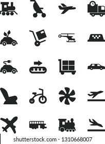Solid Black Vector Icon Set - cargo trolley vector, car child seat, summer stroller, baby toy train, bicycle, delivery, shipment, marine propeller, production conveyor, electric, private plane, bus
