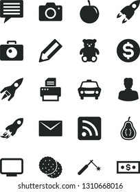 Solid Black Vector Icon Set - image of thought vector, camera, rss feed, small teddy bear, envelope, car, biscuit, tasty plum, part guava, welding, woman, space rocket, pencil, dollar, monitor