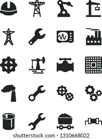 Solid Black Vector Icon Set - repair key vector, gears, construction helmet, working oil derrick, valve, manufacture, power line, pole, industrial building, gear, crane, processor, pipes, resistor