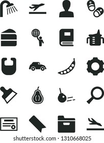 Solid Black Vector Icon Set - bookmark vector, woman, measuring cup for feeding, bib, child shoes, shower, putty knife, core, folder, piece of cake, part guava, peas, retro car, settings, zoom, book