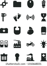 Solid Black Vector Icon Set - folder vector, bib, bag of a paramedic, footprints, dust bin, yellow lemon, factory, light bulb, industrial building, energy saving, calipers, mouse, usb flash, dna