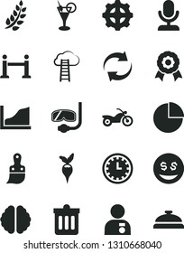 Solid Black Vector Icon Set - clock face vector, renewal, pie chart, plastic brush, dust bin, radish, gear, brain, growth graph, medal, laurel branch, man with, microphone, dollar eyes, cloud ladder