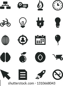 Solid Black Vector Icon Set - incandescent lamp vector, calendar, balloon, building trolley, flowchart, plum, blueberry, melon, light bulb, plug, man in sight, space rocket, wall watch, projector