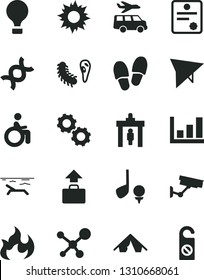 Solid Black Vector Icon Set - molecule vector, dna, gears, bactery, flame, growth graph, patente, air balloon, hang glider, security gate, baggage, tent, beach, sun, disabled, transfer, surveillance