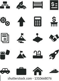 Solid Black Vector Icon Set - upward direction vector, baby cot, motor vehicle, yule, house, gears, flowchart, eco car, rocket, article on the dollar, handclasp, scientific publication, calculator