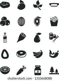 Solid Black Vector Icon Set - stick of sausage vector, mini hot dog, cake with a hole, grill chicken leg, piece meat, chili, carrot, French fries, sushi set, bottle soda, jar jam, pear, blueberries