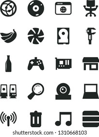 Solid Black Vector Icon Set - bananas vector, caliper, Glass bottle, stall, magnifier, notebook pc, fan, card, web camera, hdd, cd, speaker, network, browser, trash bin, wireless, note, joystick