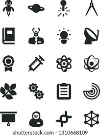 Solid Black Vector Icon Set - planet vector, mercury thermometer, satellite dish, atom, dna, bulb, gears, book, scientist, clipboard, drawing compass, radar, medal, robot, biology, syringe, 3d cube