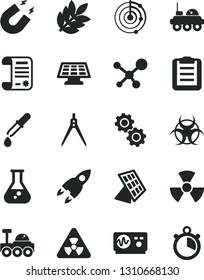 Solid Black Vector Icon Set - research article vector, flask, molecule, nuclear, gears, biohazard, pipette, oscilloscope, magnet, clipboard, drawing compass, radar, sun panel, rocket, lunar rover