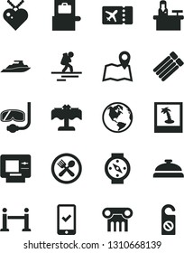 Solid Black Vector Icon Set - earth vector, backpacker, rope barrier, baggage scanner, plane ticket, phone registration, atm, cafe, restaurant, diving mask, photo, map, receptionist, yacht, column