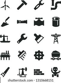 Solid Black Vector Icon Set - repair key vector, brick wall, trowel, hand saw, construction level, putty knife, spatula, hammer, oil derrick, working, windmill, valve, water pipes, power pole, gear