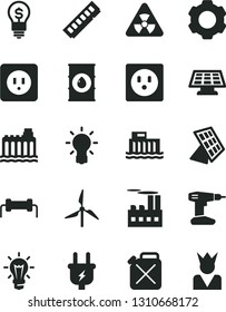 Solid Black Vector Icon Set - drill vector, power socket type b, windmill, oil, hydroelectric station, hydroelectricity, plug, industrial building, canister, bulb, memory, settings, nuclear, idea