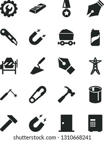 Solid Black Vector Icon Set - safety pin vector, trowel, concrete mixer, ntrance door, gear, stationery knife, hammer, with claw, soda can, power line, magnet, pipes, welding, trolley coal, ink pen