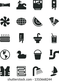 Solid Black Vector Icon Set - rubber duck vector, bucket, washbasin, shower, construction level, heating coil, boiler, electronic, a glass of soda, tea, slice water melon, marine propeller, pipes