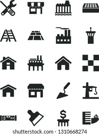 Solid Black Vector Icon Set - house vector, building trowel, small tools, ladder, level, tile, brick, putty knife, paving slab, home, kiosk, hydroelectricity, industrial, enterprise, tower crane