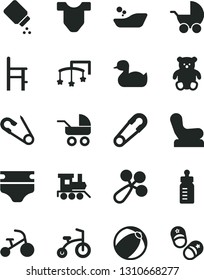 Solid Black Vector Icon Set - toys over the cot vector, feeding bottle, diaper, baby powder, Child T shirt, rattle, chair, stroller, carriage, safety pin, open, rubber duck, bath ball, a for, shoes