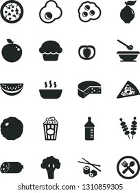 Solid Black Vector Icon Set - measuring bottle for feeding vector, plates and spoons, sausage, cheese, fried vegetables on sticks, pizza, piece of, cake, hot porridge, cabbage, Chinese chopsticks