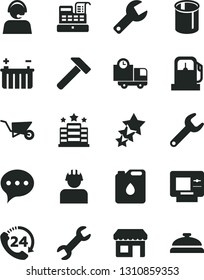 Solid Black Vector Icon Set - repair key vector, building trolley, hammer, speech, delivery, 24, gas station, battery, builder, canister of oil, pipes, kiosk, operator, cash machine, three stars