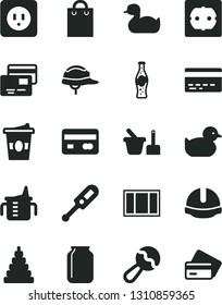 Solid Black Vector Icon Set - bank card vector, measuring cup for feeding, beanbag, electronic thermometer e, rubber duck, baby duckling, stacking toy, sand set, window frame, power socket type b, f
