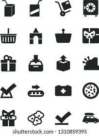 Solid Black Vector Icon Set - grocery basket vector, bag of a paramedic, e, packing juice with straw, box bricks, put in, strongbox, gift, shipment, unpacking, pizza, popcorn, production conveyor