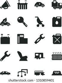 Solid Black Vector Icon Set - horn vector, toys over the cot, car child seat, summer stroller, key, delivery, modern gas station, accumulator, battery, canister, of oil, eco, electric transport, bus