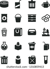 Solid Black Vector Icon Set - bin vector, storage unit, mug for feeding, powder, e, packing of juice with a straw, bucket, dust, drawer, bag handles, unpacking, canned goods, popcorn, cup, sea port