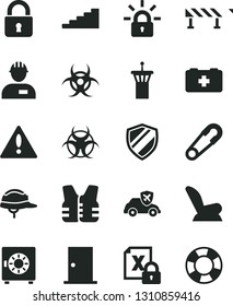 Solid Black Vector Icon Set - warning vector, car child seat, safety pin, bag of a paramedic, workman, ntrance door, helmet, road fence, lock, strongbox, autopilot, encrypting, biohazard, stairway