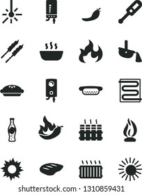 Solid Black Vector Icon Set - electronic thermometer vector e, heating coil, radiator, boiler, mini hot dog, pie, porridge, chop, barbecue, bottle of soda, red pepper, outdoor, steel production, sun