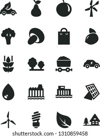 Solid Black Vector Icon Set - saving light bulb vector, drop, porcini, pear, mint, tangerine, yellow lemon, broccoli, leaf, windmill, wind energy, hydroelectric station, hydroelectricity, trees, bag