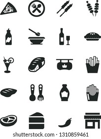 Solid Black Vector Icon Set - plates and spoons vector, plastic fork, fried vegetables on sticks, piece of pizza, cake, pie, bacon, chop, barbecue, French fries, potato slices, sushi, bottle, liquor