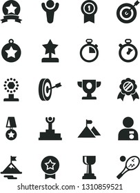 Solid Black Vector Icon Set - stopwatch vector, winner, podium, prize, cup, gold, star reward, man with medal, motivation, mountain flag, target, purpose, pennant, ribbon, tennis