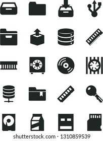 Solid Black Vector Icon Set - folder vector, bookmark, key, CD, big data, server, put in a box, drawer, strongbox, package, unpacking, radiator fan, memory, hdd, usb, sd card
