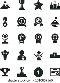 Solid Black Vector Icon Set - star vector, pedestal, medal, winner, podium, prize, cup, gold, man with, motivation, mountain flag, first place, pennant, ribbon, certificate