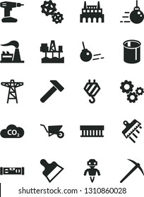 Solid Black Vector Icon Set - hook vector, big core, building trolley, drill, level, putty knife, spatula, hammer, commercial seaport, factory, power pole, industrial, gears, CO2, pipes, robot