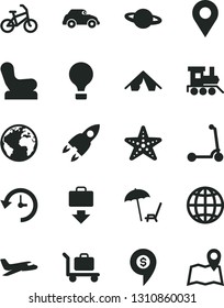 Solid Black Vector Icon Set - sign of the planet vector, Baby chair, toy train, child Kick scooter, earth, retro car, location, history, rocket, dollar pin, plane, air balloon, bike, getting baggage