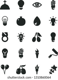 Solid Black Vector Icon Set - matte light bulb vector, colored air balloons, new roller, saving, eye, drop, pomegranate, cornels, tasty, energy, flame torch, gold ring, crown with cross, three stars