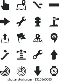 Solid Black Vector Icon Set - upward direction vector, downward, right, minus, index finger, map, flag, move up, lighthouse, coastal, repair, radar, dollar pin, escalator, signpost, compass