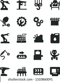 Solid Black Vector Icon Set - crane vector, winch hook, concrete mixer, drill, gear, industrial enterprise, conveyor, production, canister of oil, cloth industry, gas welding, robot welder, assembly