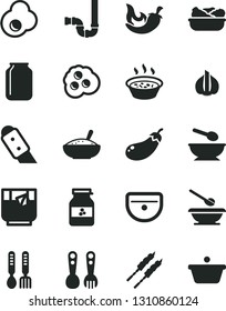 Solid Black Vector Icon Set - deep plate with a spoon vector, plates and spoons, plastic fork, iron, sink, siphon, knife, bowl of rice porridge, in saucepan, lettuce, barbecue, chili, glass tea, pan