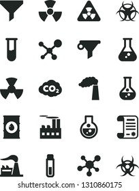 Solid Black Vector Icon Set - flask vector, manufacture, factory, oil, industrial building, radiation, carbon dyoxide, filter, water, research article, test tube, molecule, nuclear, biohazard