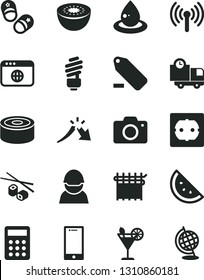 Solid Black Vector Icon Set - camera vector, remove label, child shoes, saving light bulb, power socket type f, smartphone, delivery, canned goods, Chinese chopsticks, cocktail, orange slice, kiwi