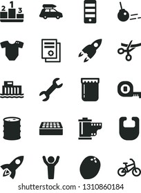Solid Black Vector Icon Set - camera roll vector, bib, t short, measuring tape, brick, core, pedestal, jam, coconut, barrel, hydroelectric station, scientific publication, pc tower, repair, rocket